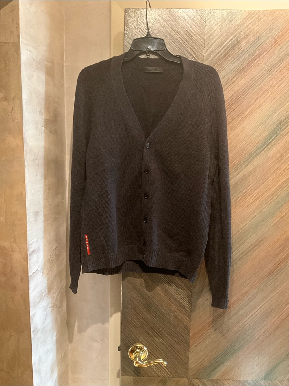 Prada Dark gray Men's V-Neck Button Cardigan with Red Logo Tab